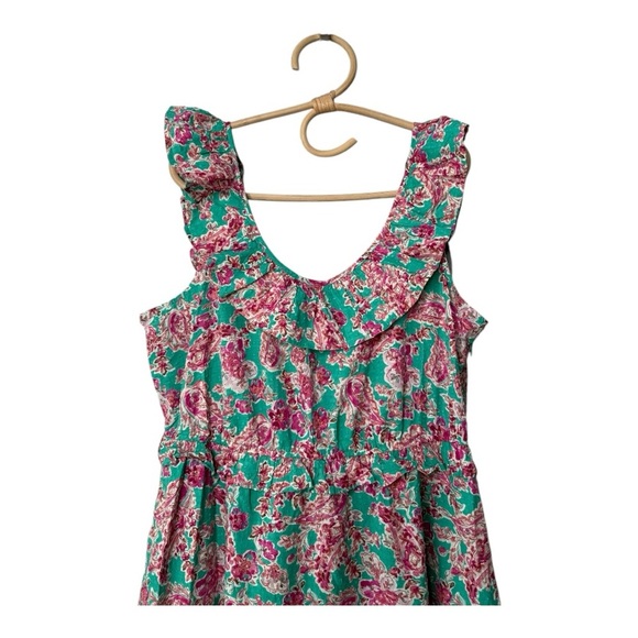 J. Crew ** Pink Green Swiss Dot Printed Ruffle Collar Midi Dress with Tie Back - Picture 9 of 14